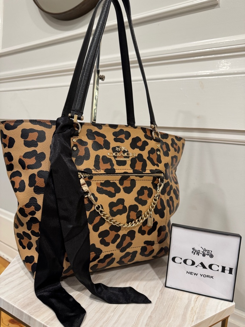 Coach Leopard Print Leather Tote with Black Handles and Gold Hardware